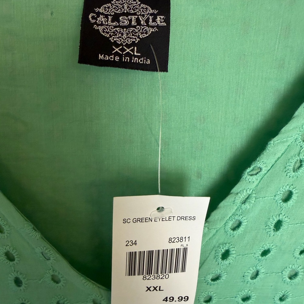 Cal Style Green Cotton Eyelet Midi Dress – Flowy Babydoll, Cottagecore Boho XXL - Picture 5 of 8